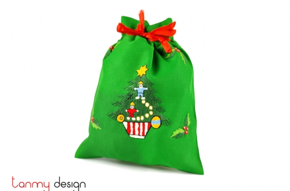 Túi quà Noel xanh thêu tay cỡ nhỏ-thêu thông mỹ